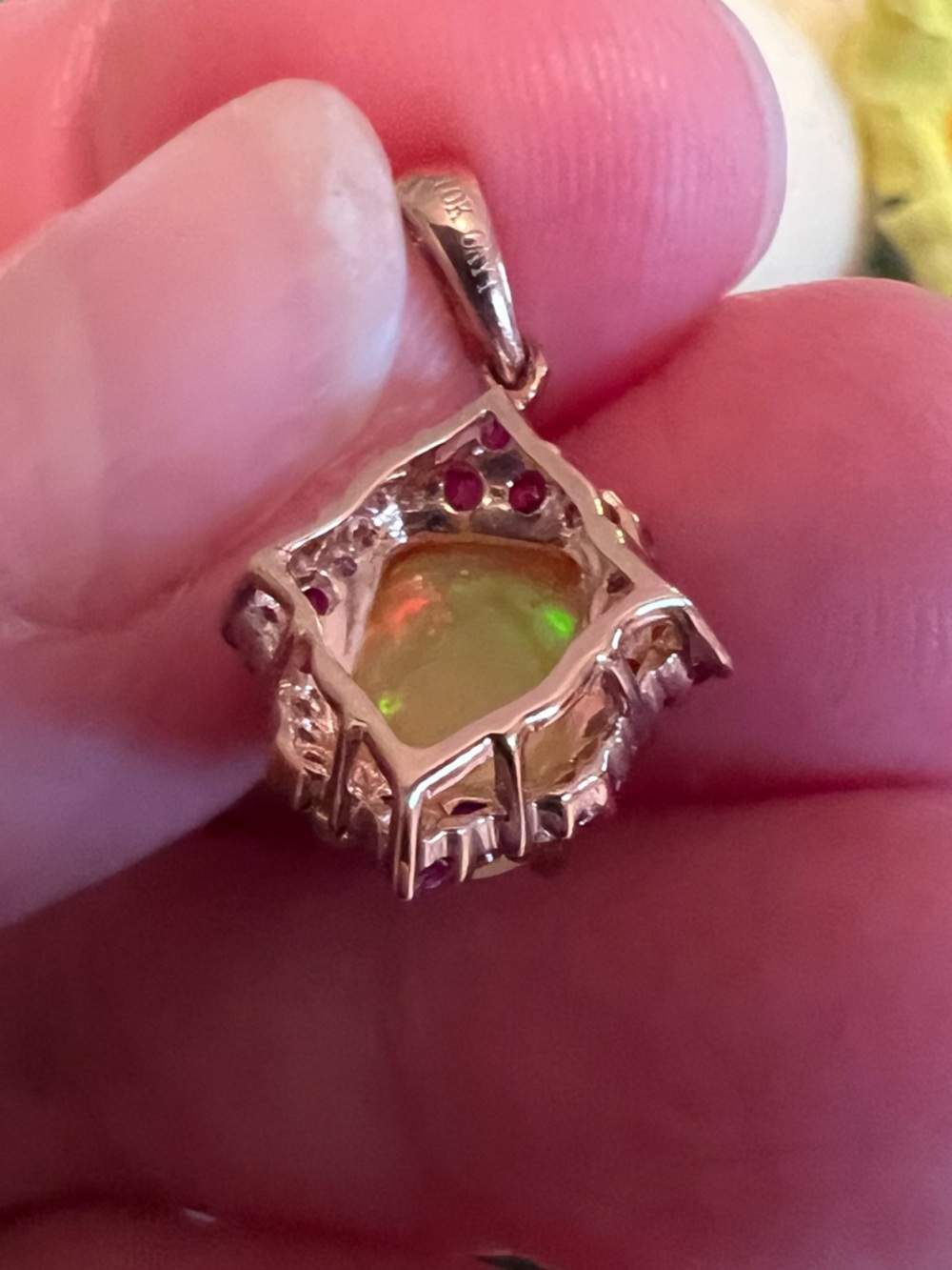 10k Solid Rose Gold Ethiopian Opal with Genuine Diamond and Ruby Halo Pendant - Picture 8 of 16